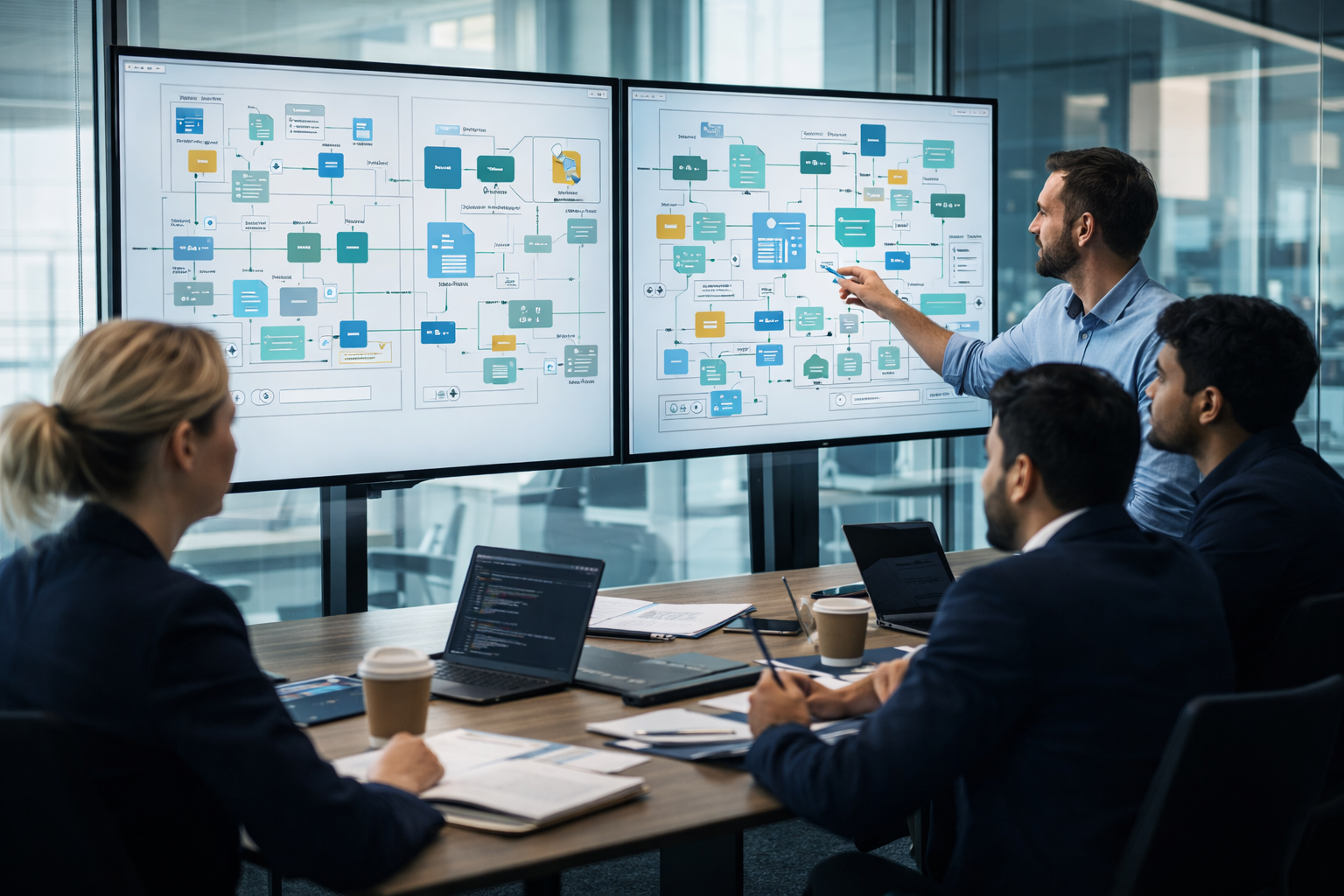 Mid-market enterprise team reviewing composable architecture and API-first system design